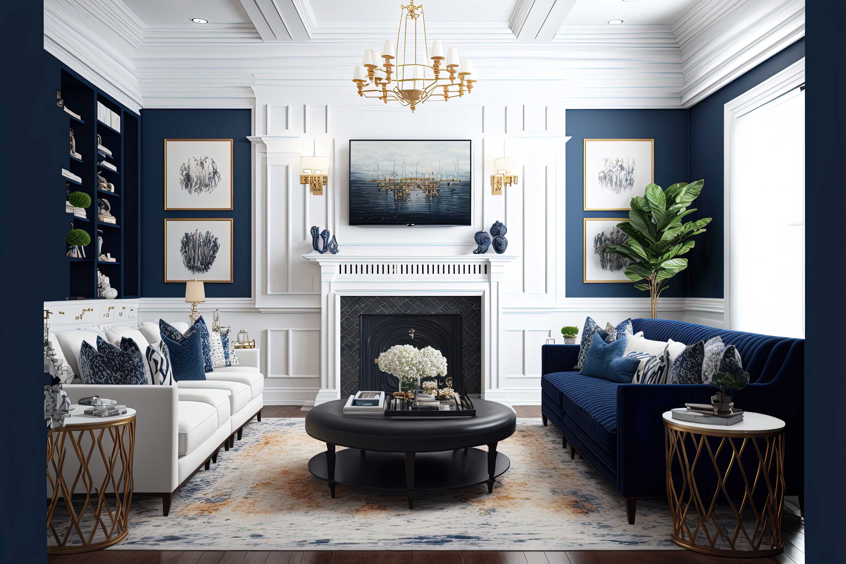 Navy and gold traditional glam living room, Paradise Valley luxury interior design